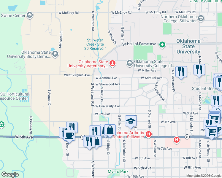 map of restaurants, bars, coffee shops, grocery stores, and more near 2122 West Arrowhead Drive in Stillwater