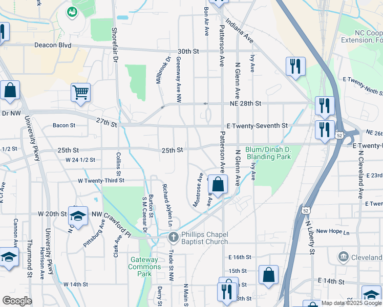 map of restaurants, bars, coffee shops, grocery stores, and more near 2421 Greenway Avenue Northwest in Winston-Salem