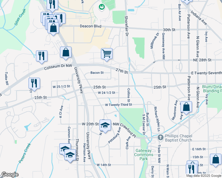 map of restaurants, bars, coffee shops, grocery stores, and more near 414 25th Street in Winston-Salem