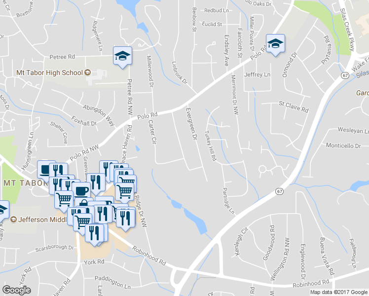 map of restaurants, bars, coffee shops, grocery stores, and more near 76 Carter Circle in Winston-Salem