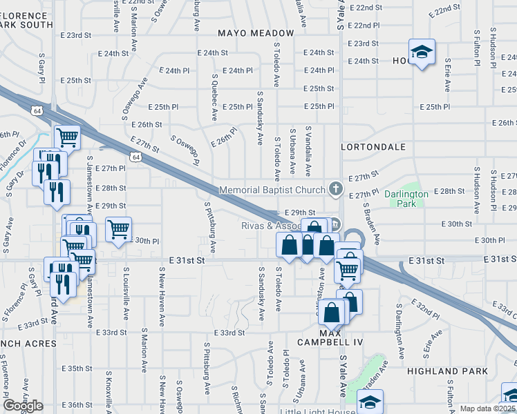 map of restaurants, bars, coffee shops, grocery stores, and more near 4301 East Broken Arrow Ex South in Tulsa