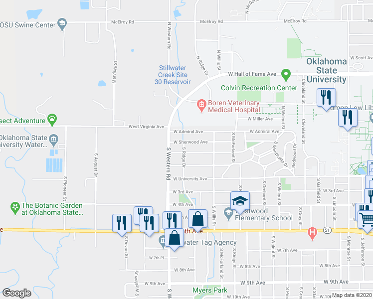 map of restaurants, bars, coffee shops, grocery stores, and more near 123 South Ridge Drive in Stillwater