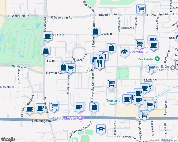 map of restaurants, bars, coffee shops, grocery stores, and more near 728 East Twain Avenue in Las Vegas