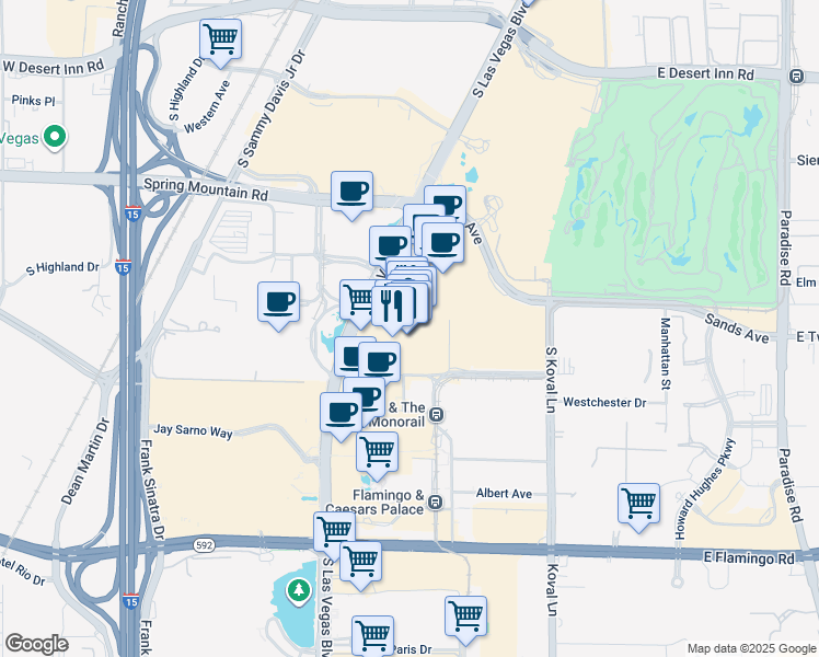 map of restaurants, bars, coffee shops, grocery stores, and more near 3355 Las Vegas Boulevard South in Las Vegas