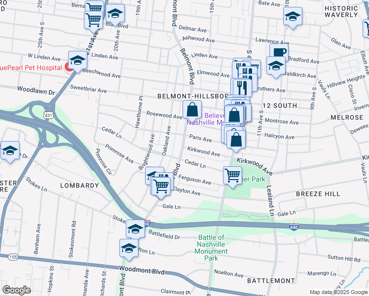 map of restaurants, bars, coffee shops, grocery stores, and more near 2808 Belmont Boulevard in Nashville