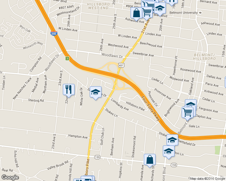 map of restaurants, bars, coffee shops, grocery stores, and more near 3000 Hillsboro Road in Brentwood