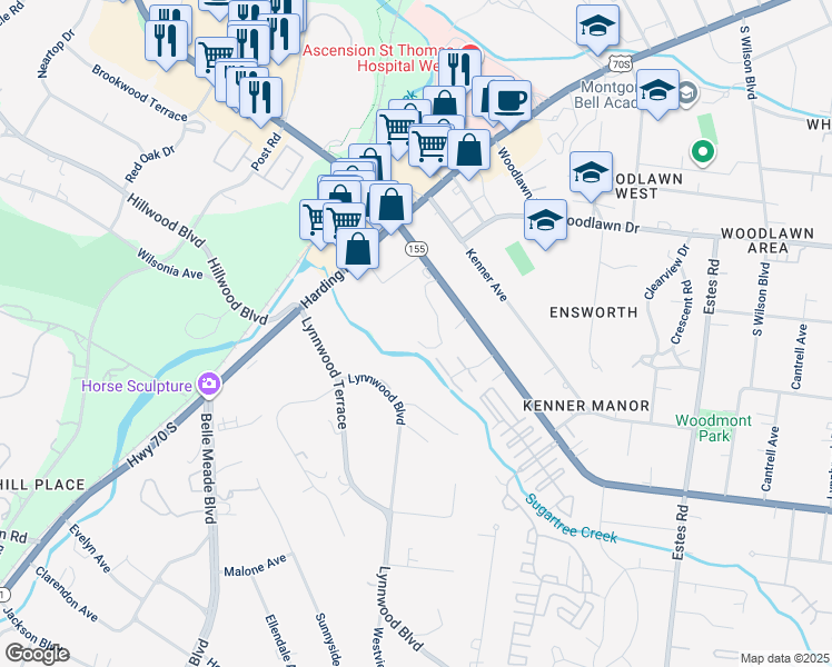 map of restaurants, bars, coffee shops, grocery stores, and more near 115 Woodmont Boulevard in Nashville