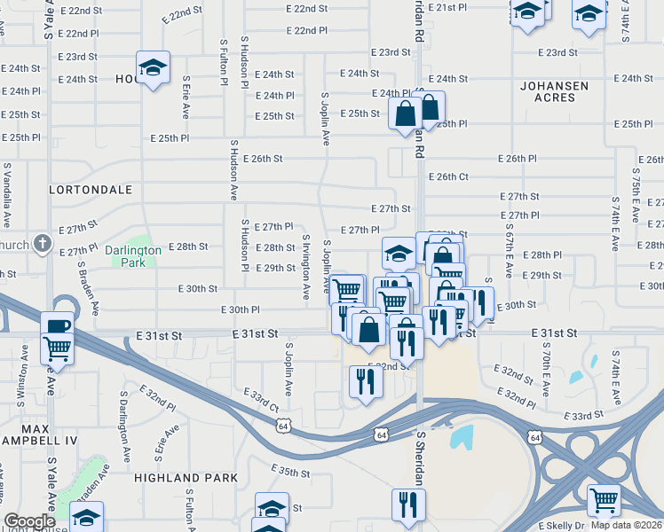 map of restaurants, bars, coffee shops, grocery stores, and more near 5915 East 30th Street in Tulsa
