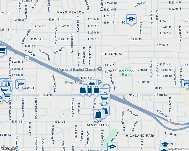 map of restaurants, bars, coffee shops, grocery stores, and more near 2818 South Winston Avenue in Tulsa