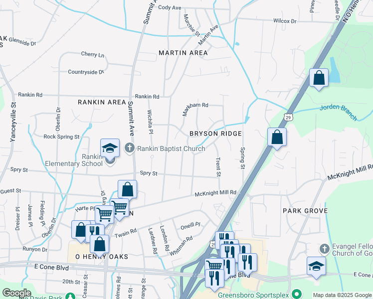map of restaurants, bars, coffee shops, grocery stores, and more near 3405 Bryson Street in Greensboro