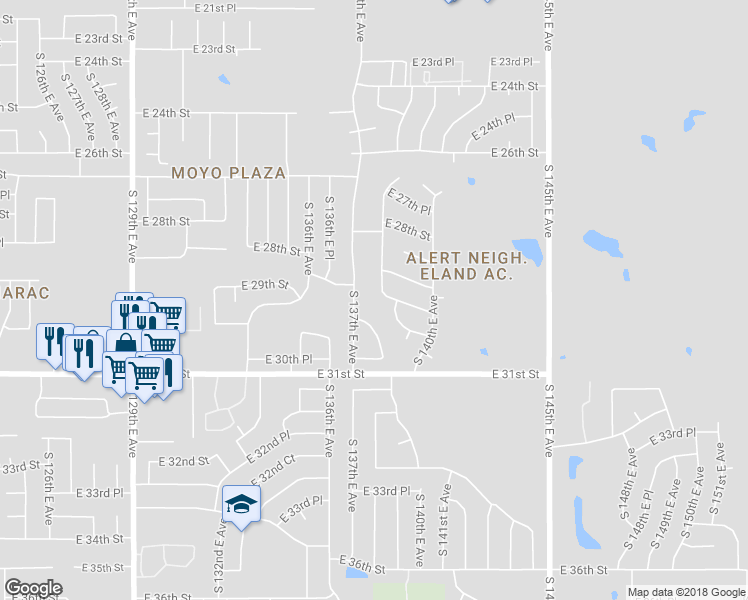 map of restaurants, bars, coffee shops, grocery stores, and more near 2930 South 138th East Avenue in Tulsa