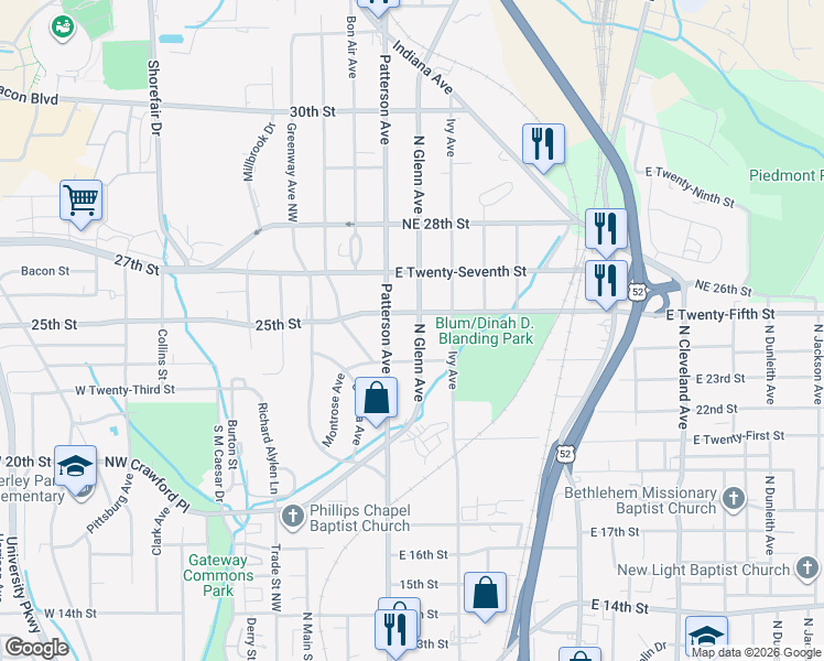 map of restaurants, bars, coffee shops, grocery stores, and more near 2424 Glenn Avenue Northeast in Winston-Salem