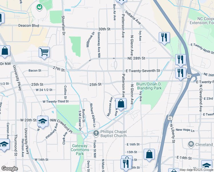 map of restaurants, bars, coffee shops, grocery stores, and more near 2421 Greenway Avenue Northwest in Winston-Salem