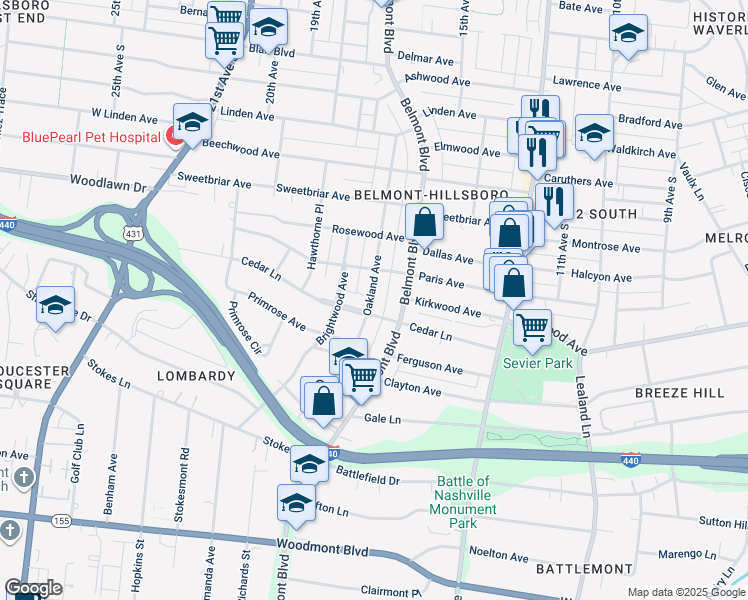 map of restaurants, bars, coffee shops, grocery stores, and more near 2814 Oakland Ave in Nashville