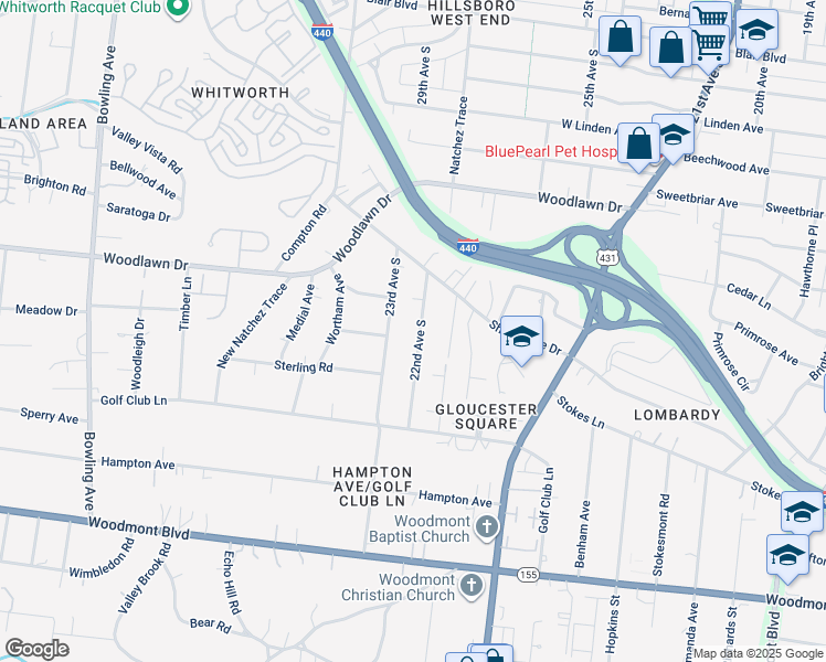map of restaurants, bars, coffee shops, grocery stores, and more near 2815 22nd Avenue South in Nashville