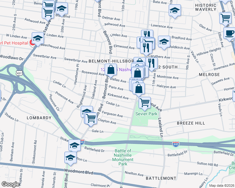 map of restaurants, bars, coffee shops, grocery stores, and more near 1516C Kirkwood Avenue in Nashville