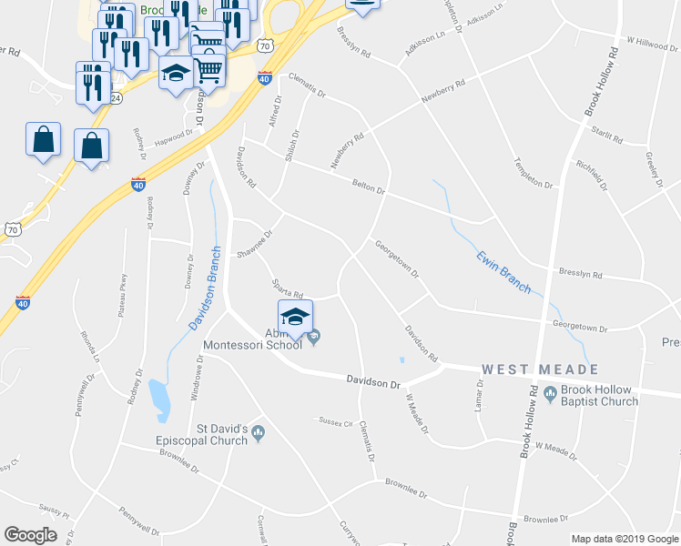 map of restaurants, bars, coffee shops, grocery stores, and more near 716 Clematis Drive in Nashville