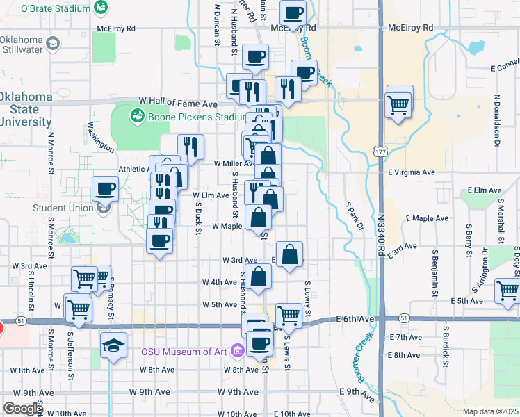 map of restaurants, bars, coffee shops, grocery stores, and more near 116 South Main Street in Stillwater