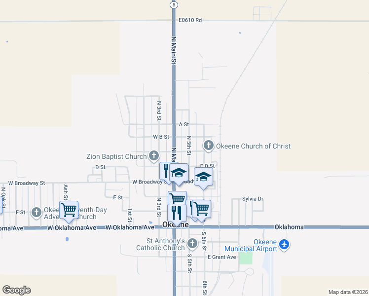 map of restaurants, bars, coffee shops, grocery stores, and more near 600 North 5th Street in Okeene