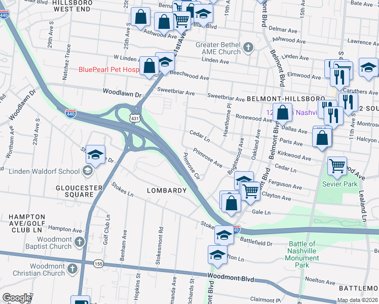 map of restaurants, bars, coffee shops, grocery stores, and more near 1845 Primrose Avenue in Nashville