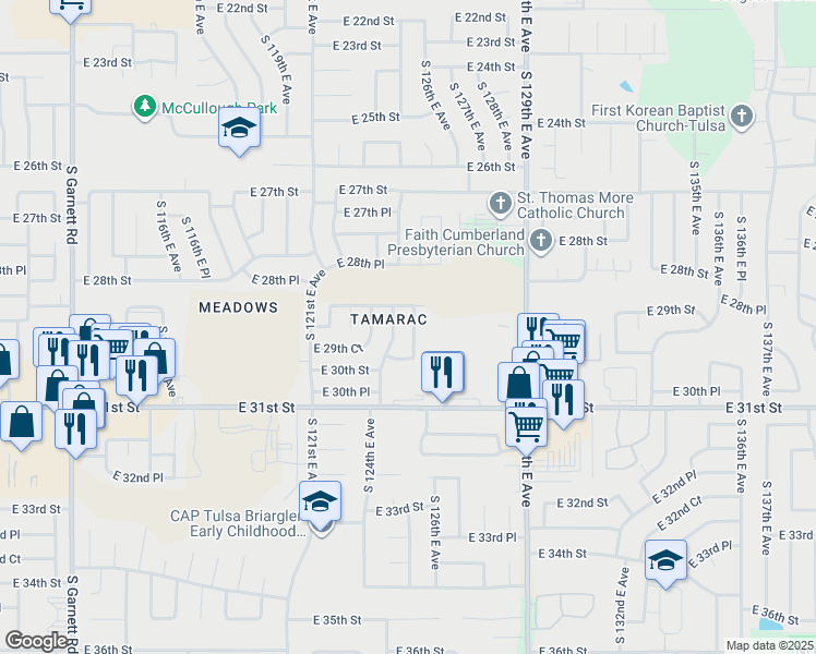 map of restaurants, bars, coffee shops, grocery stores, and more near 2918 South 125th East Avenue in Tulsa