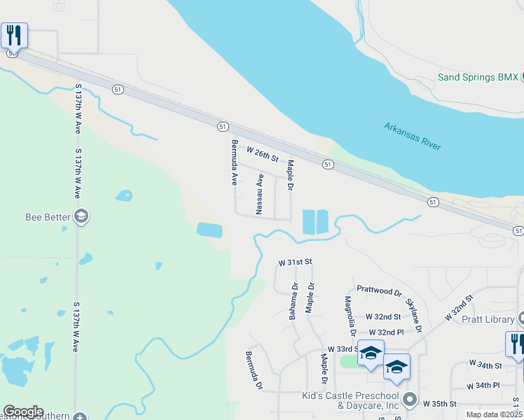 map of restaurants, bars, coffee shops, grocery stores, and more near 2807 Nassau Avenue in Sand Springs