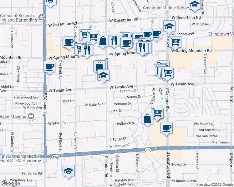 map of restaurants, bars, coffee shops, grocery stores, and more near 5425 Hibbetts Drive in Las Vegas