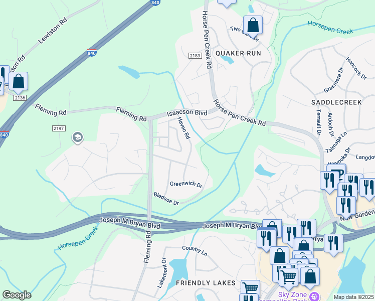 map of restaurants, bars, coffee shops, grocery stores, and more near 1915 Haven Road in Greensboro