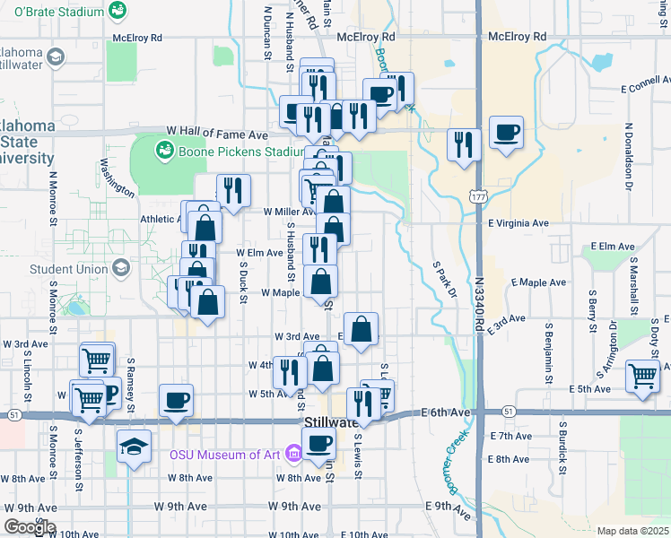 map of restaurants, bars, coffee shops, grocery stores, and more near 116 South Main Street in Stillwater