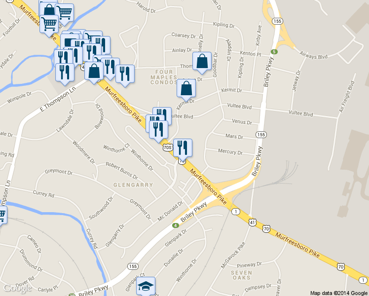 map of restaurants, bars, coffee shops, grocery stores, and more near 1208A Murfreesboro Pike in Nashville