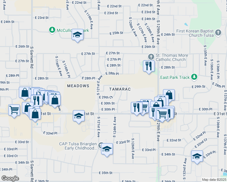 map of restaurants, bars, coffee shops, grocery stores, and more near 2918 South 123rd East Avenue in Tulsa