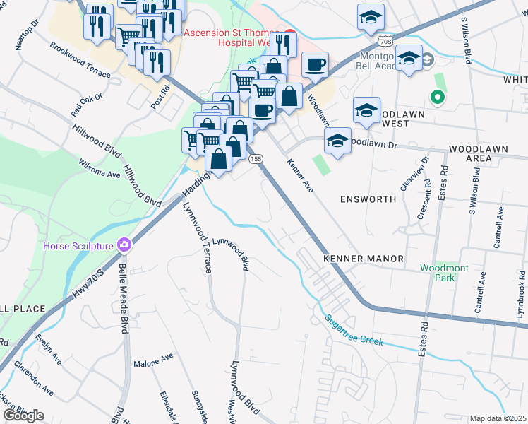 map of restaurants, bars, coffee shops, grocery stores, and more near 115 Woodmont Boulevard in Nashville