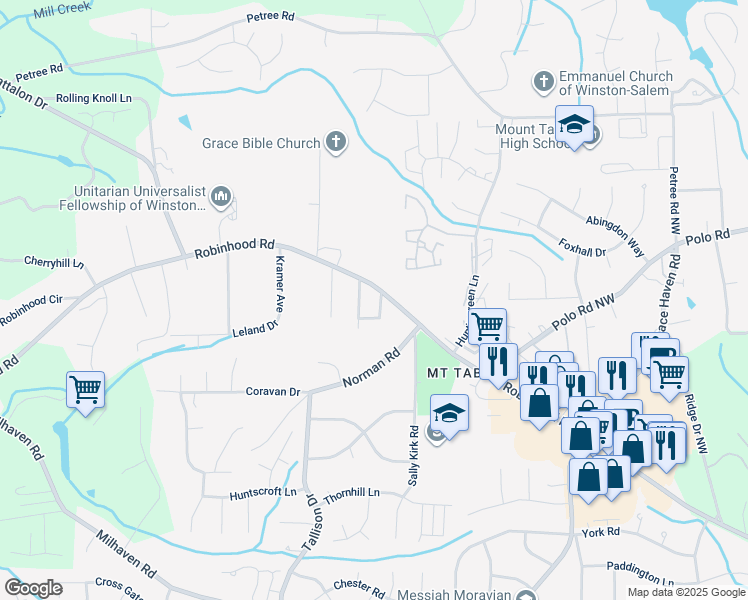 map of restaurants, bars, coffee shops, grocery stores, and more near 855 Rockaway Lane in Winston-Salem