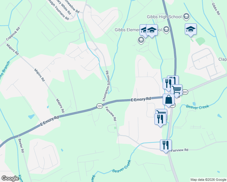 map of restaurants, bars, coffee shops, grocery stores, and more near 7512 Thompson School Road in Corryton