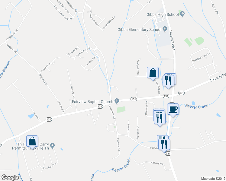 map of restaurants, bars, coffee shops, grocery stores, and more near 7512 Thompson School Road in Corryton