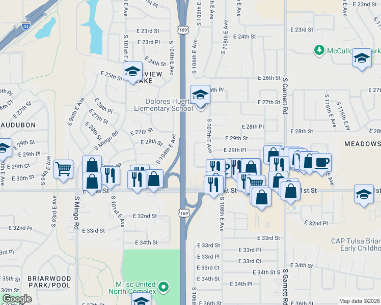 map of restaurants, bars, coffee shops, grocery stores, and more near 2920 South 106th East Avenue in Tulsa
