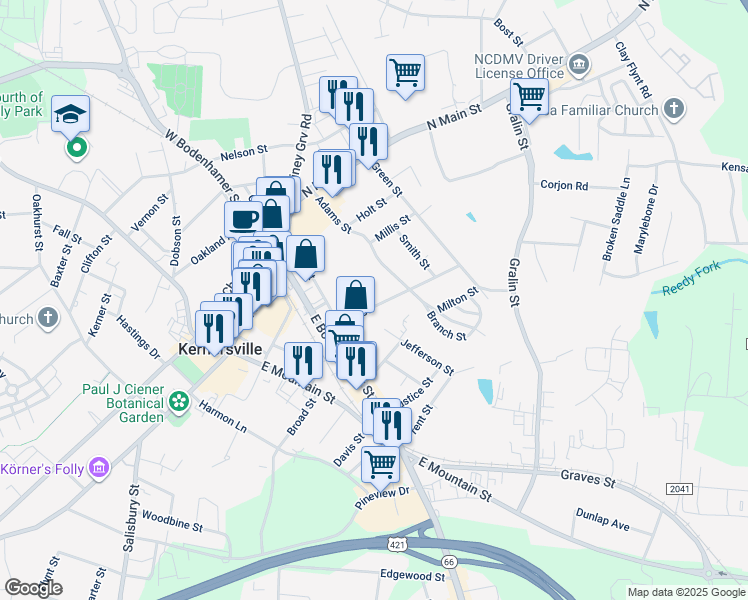 map of restaurants, bars, coffee shops, grocery stores, and more near 321 Burke Street in Kernersville