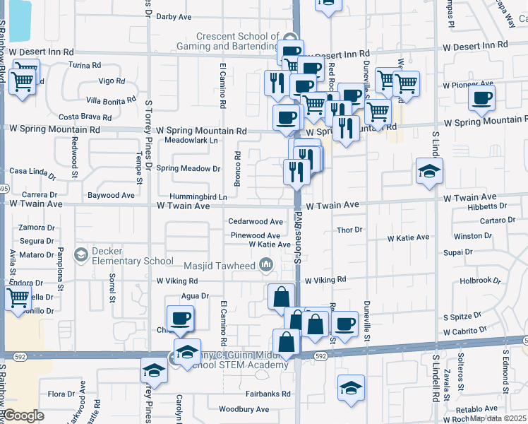 map of restaurants, bars, coffee shops, grocery stores, and more near 6191 West Twain Avenue in Las Vegas