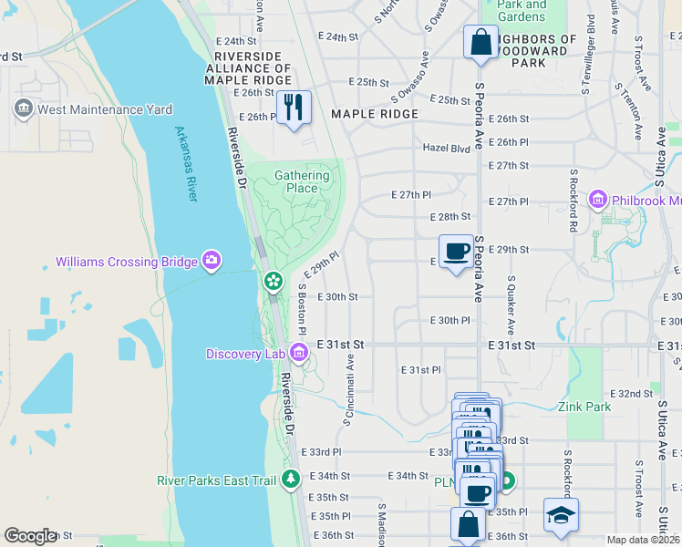 map of restaurants, bars, coffee shops, grocery stores, and more near 2948 South Cincinnati Avenue in Tulsa