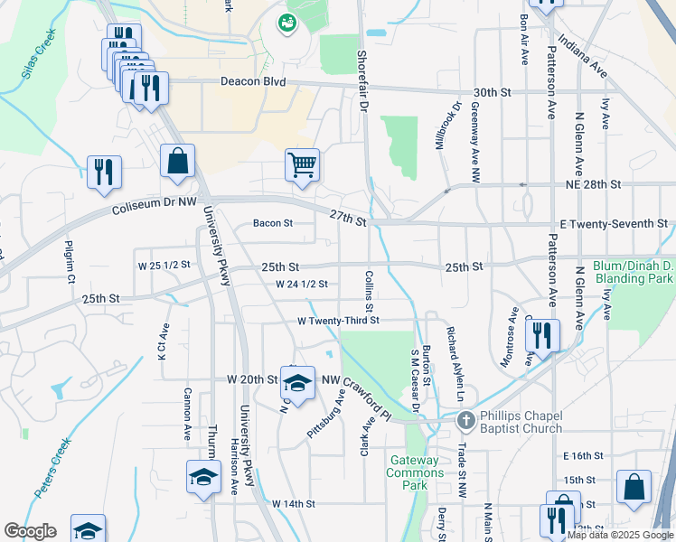 map of restaurants, bars, coffee shops, grocery stores, and more near 20 East 5th Street in Winston-Salem
