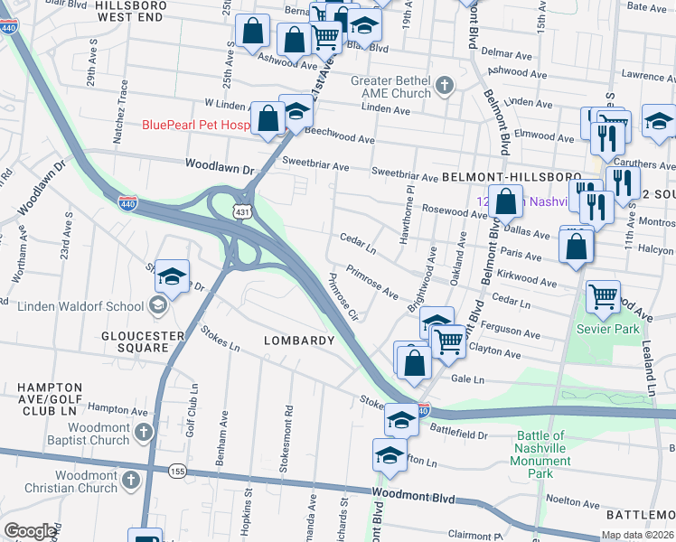map of restaurants, bars, coffee shops, grocery stores, and more near 1845 Primrose Avenue in Nashville