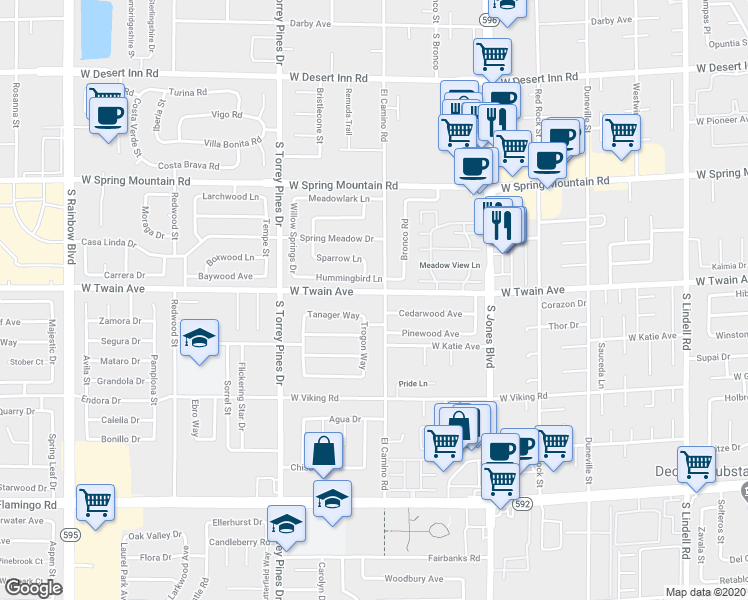map of restaurants, bars, coffee shops, grocery stores, and more near 6323 West Twain Avenue in Las Vegas