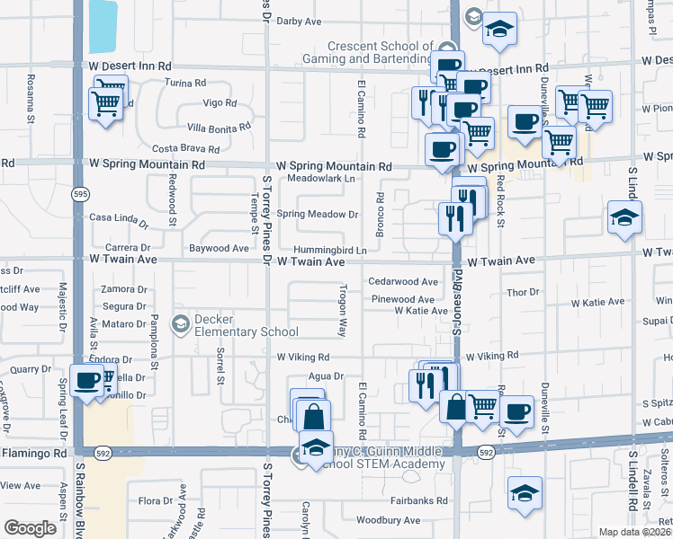 map of restaurants, bars, coffee shops, grocery stores, and more near 6323 West Twain Avenue in Las Vegas