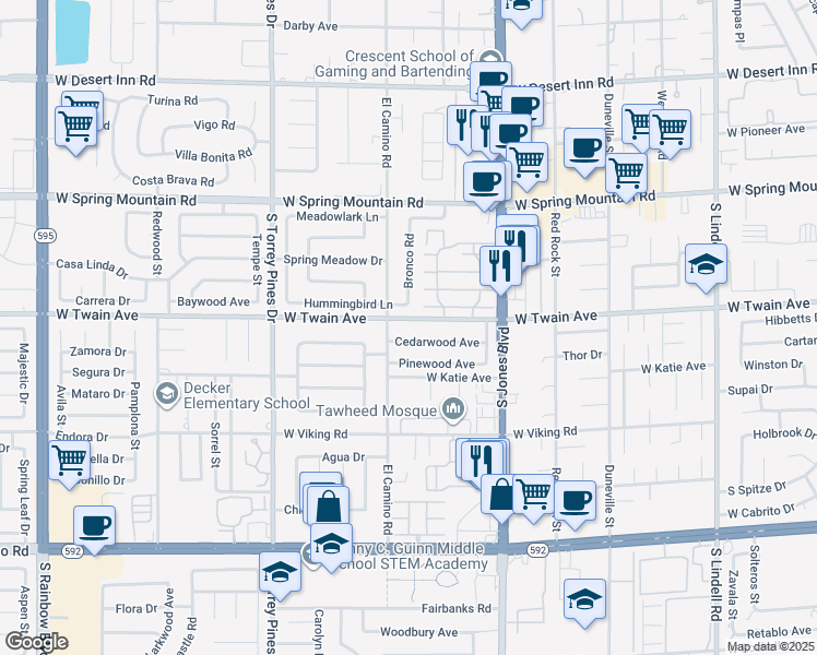 map of restaurants, bars, coffee shops, grocery stores, and more near 6263 West Twain Avenue in Las Vegas