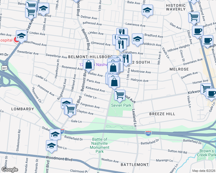 map of restaurants, bars, coffee shops, grocery stores, and more near 1209 Paris Avenue in Nashville