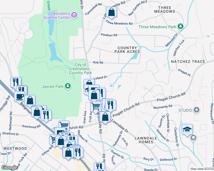 map of restaurants, bars, coffee shops, grocery stores, and more near 111 Tall Oaks Drive in Greensboro
