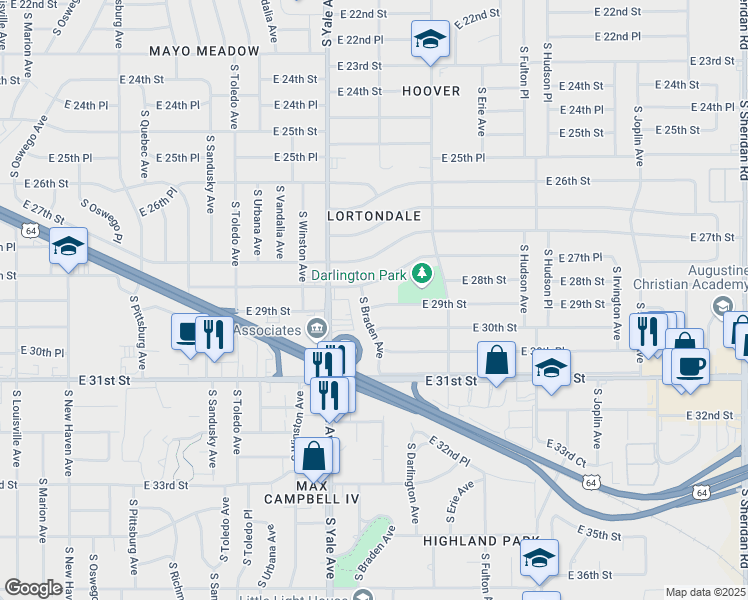 map of restaurants, bars, coffee shops, grocery stores, and more near 5111 East 29th Street in Tulsa