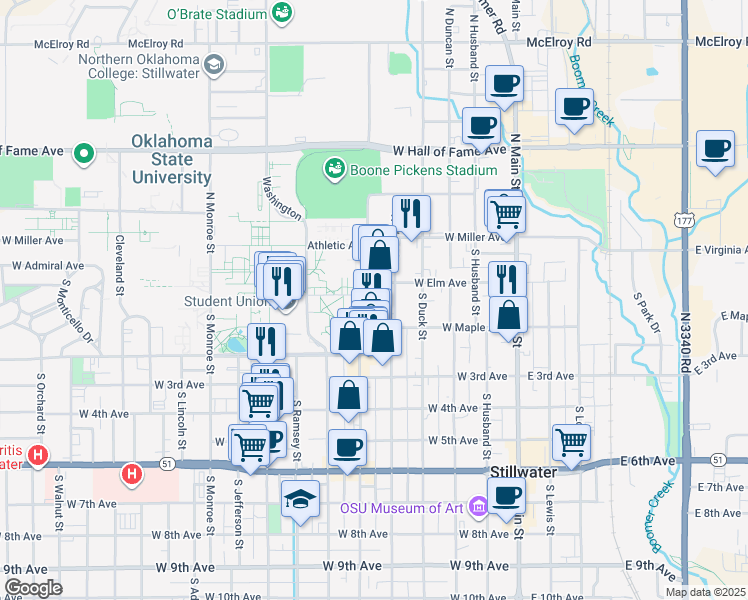 map of restaurants, bars, coffee shops, grocery stores, and more near in Stillwater