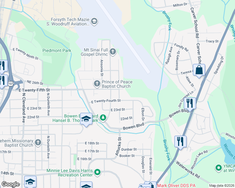 map of restaurants, bars, coffee shops, grocery stores, and more near 2417 Machine Street in Winston-Salem