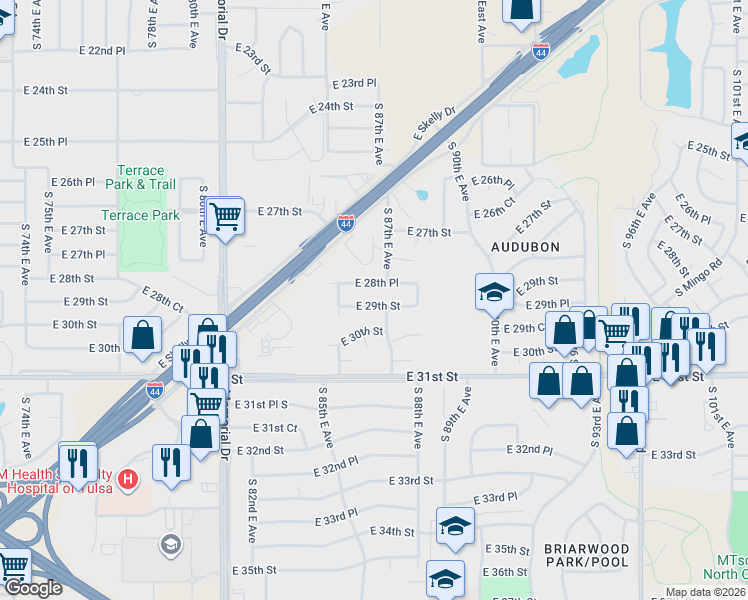 map of restaurants, bars, coffee shops, grocery stores, and more near 8641 East 29th Street in Tulsa